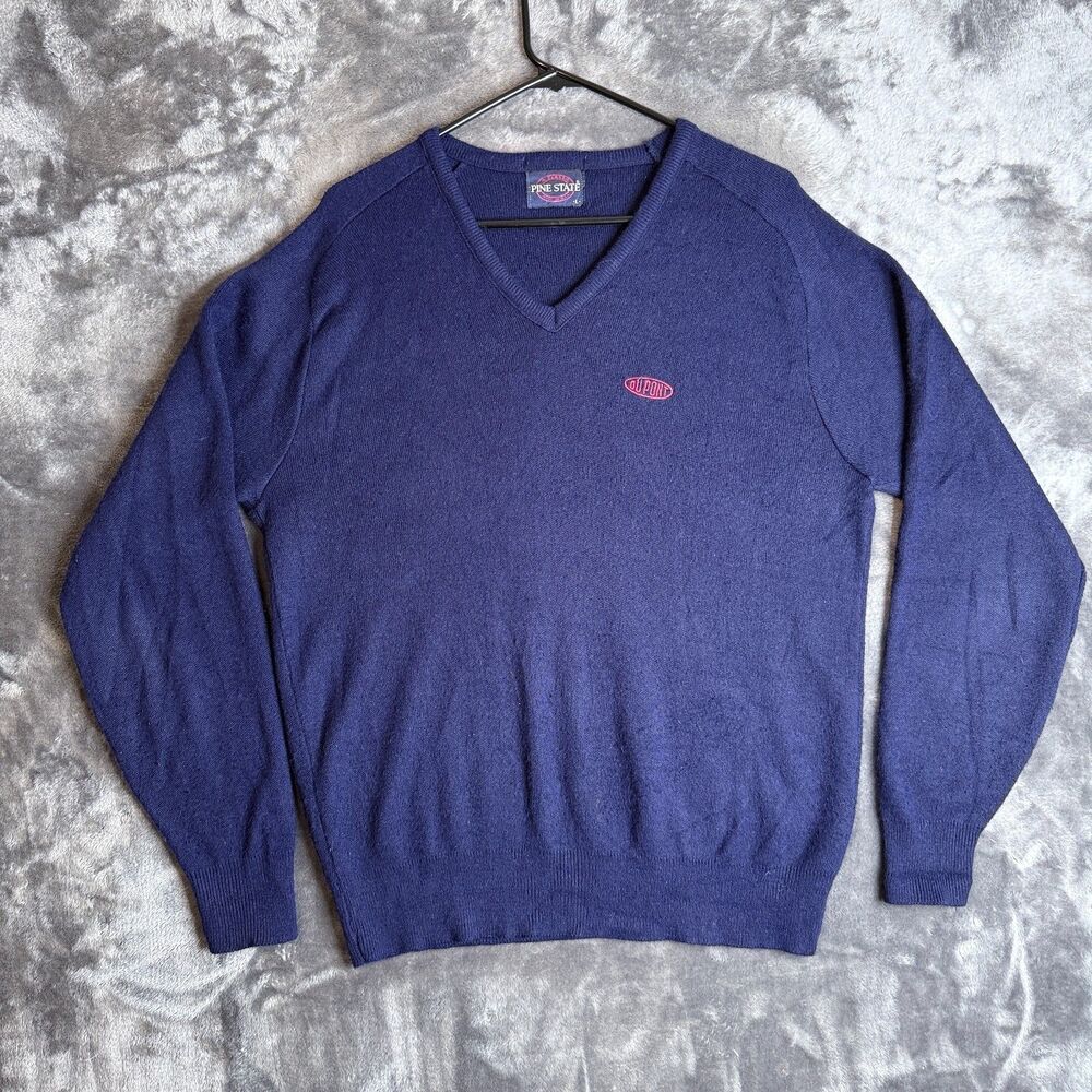 Vintage Dupont Embroidered V-Neck Pullover Long Sleeve Pine State Navy Large